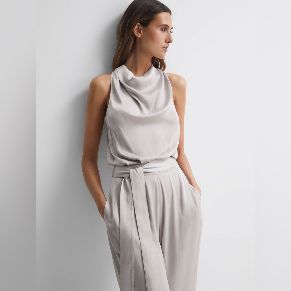 Reiss Rose Sleeveless Cowl Neck Jumpsuit Size 8 Neutral/Light Gray NWT - Picture 4 of 16